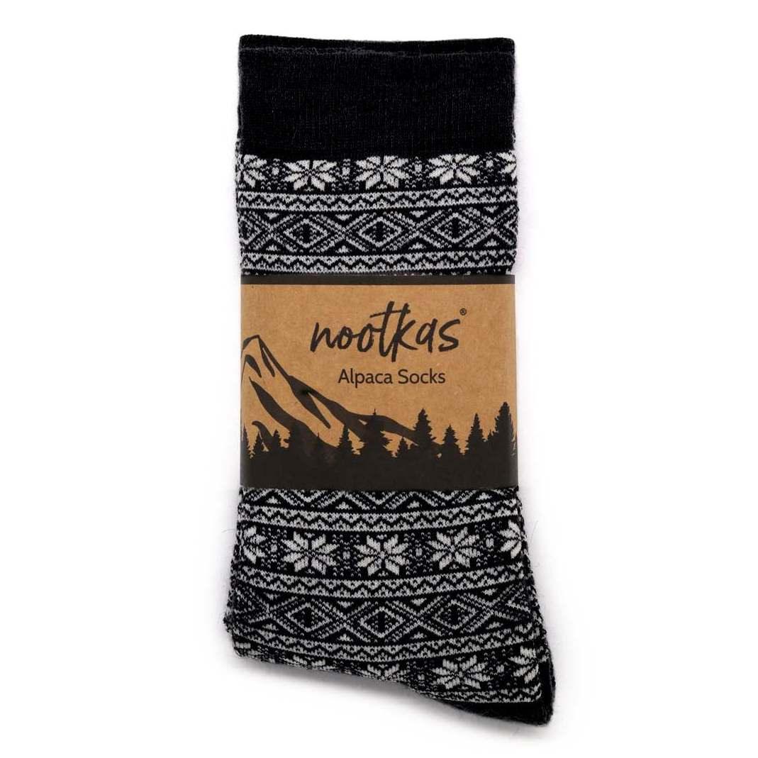 Alpaca Wool Nordic Crew Sock in Black, detail view of the Nordic knit pattern