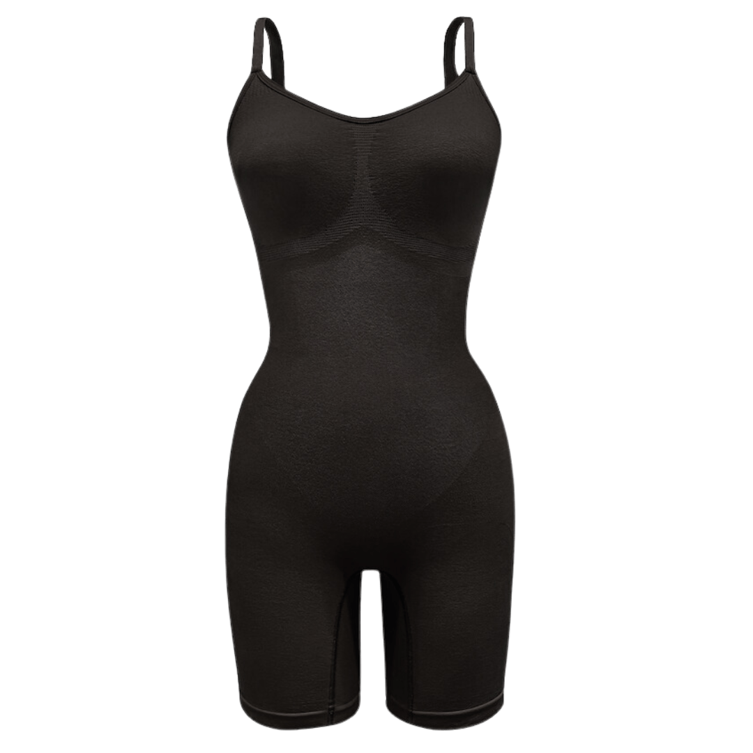 PROCLAIM Mid-Thigh Shapewear Bodysuit in Black, flat lay front view