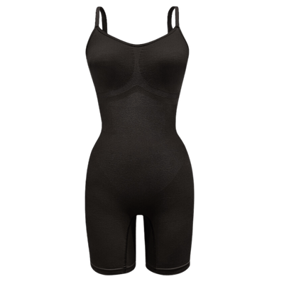 Black seamless shapewear bodysuit with mid-thigh length and light compression support