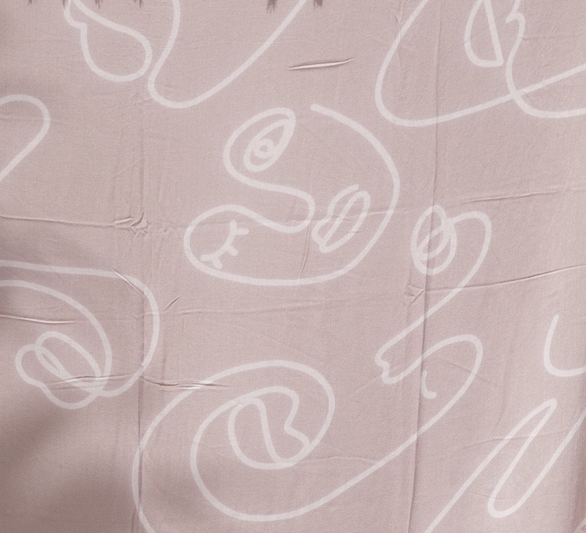 Village Thrive Faces Kimono, mauve rayon with white line print, close-up fabric detail.