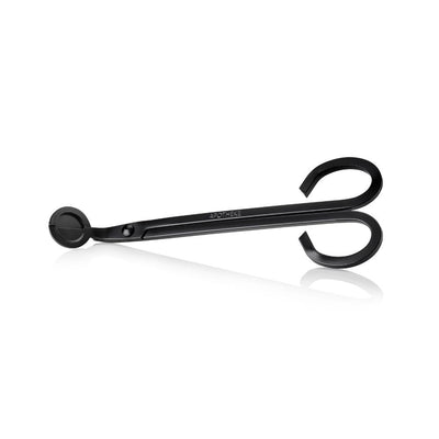 APOTHEKE black wick trimmer with long handles, curved finger loops, and a round cutting head, displayed horizontally on a white background.