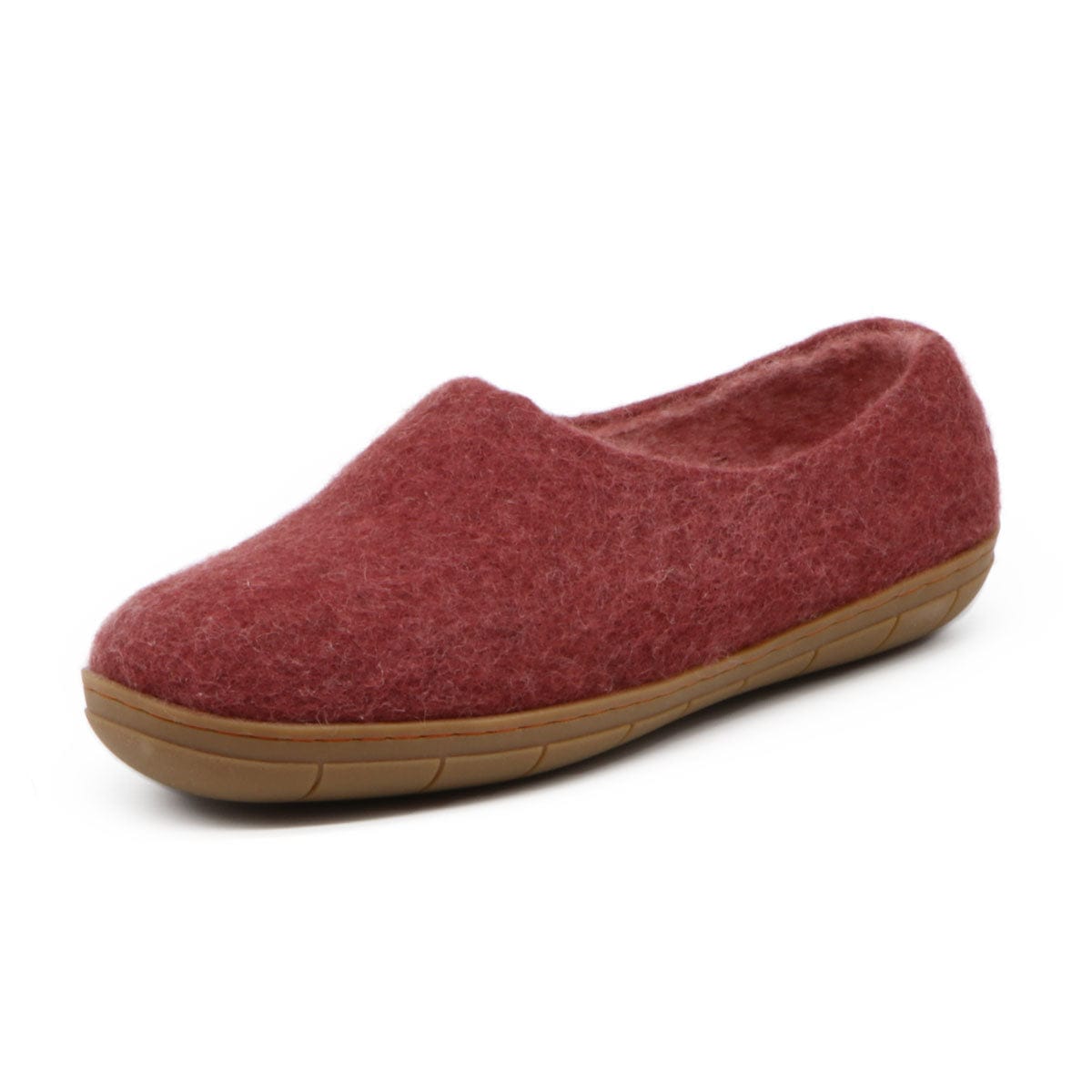 Women's Victoria wool house shoe in Bordeaux, angled view