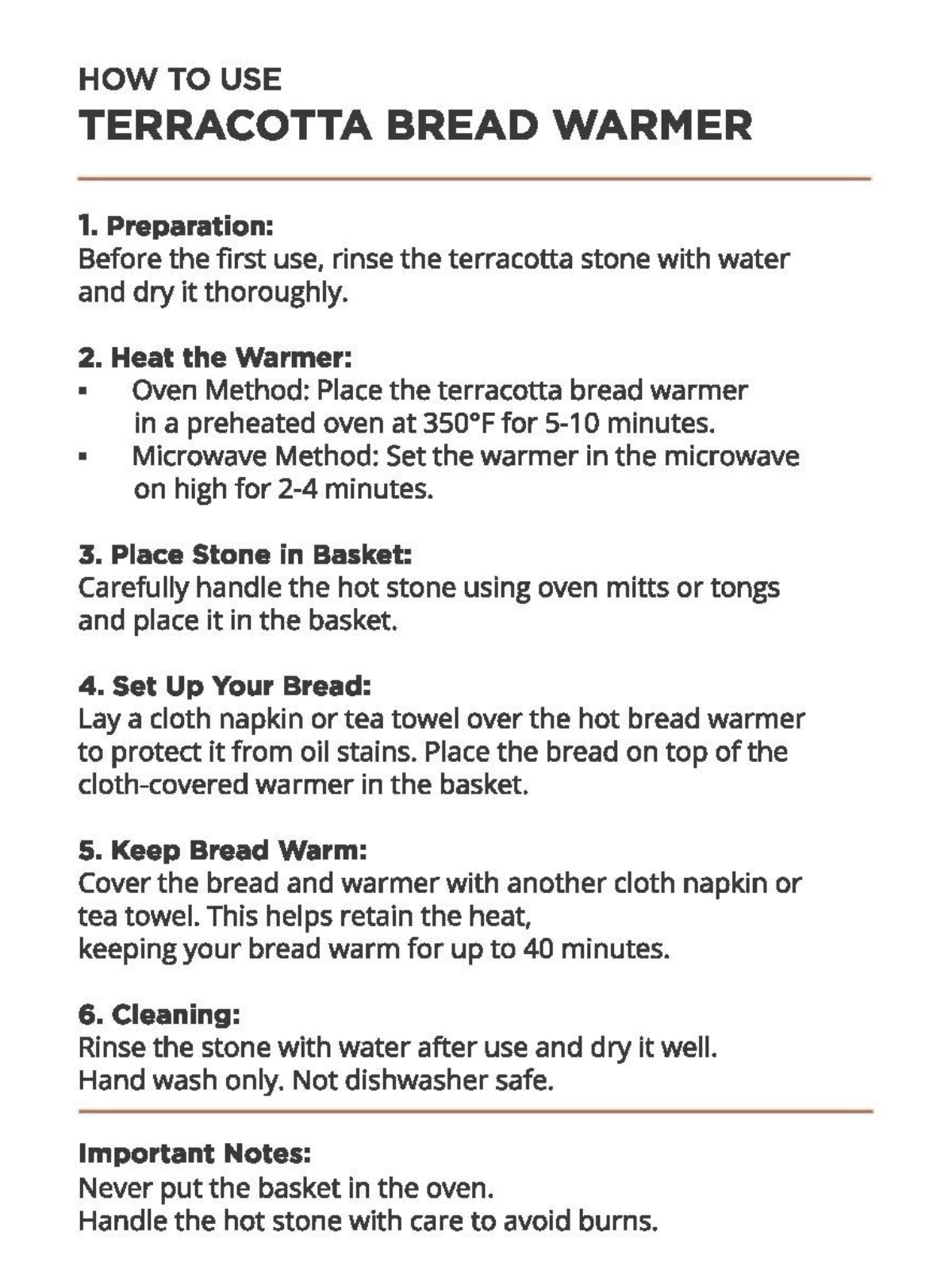 Korissa Bread Warmer Basket Gift Set instruction card, "How to Use" terracotta warmer