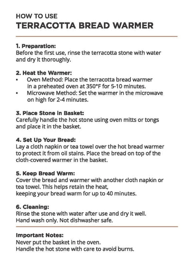 Korissa Bread Warmer Basket Gift Set instruction card, "How to Use" terracotta warmer