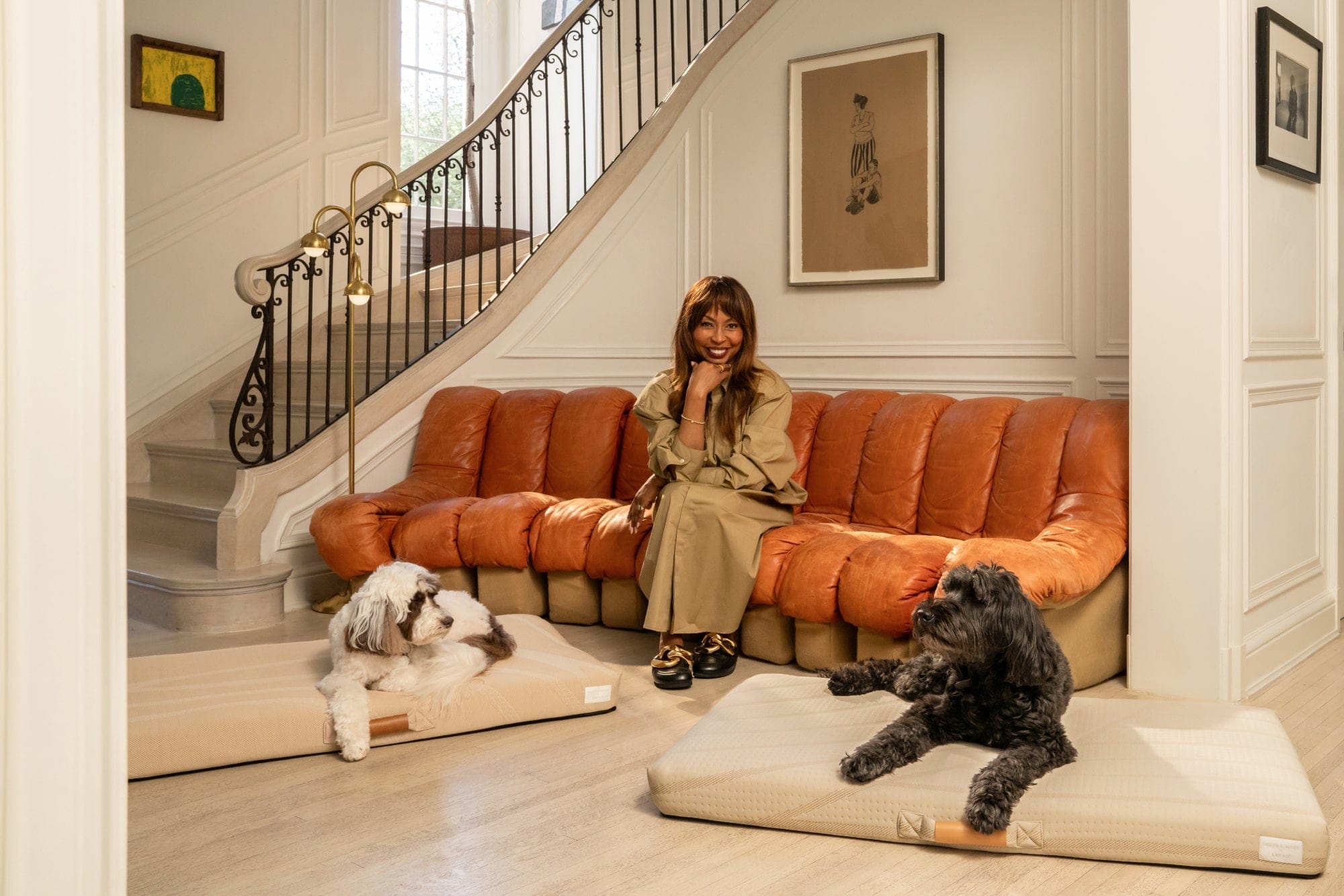 Brigette Romanek with dogs | Taupe Dog Bed or Bed Cover 