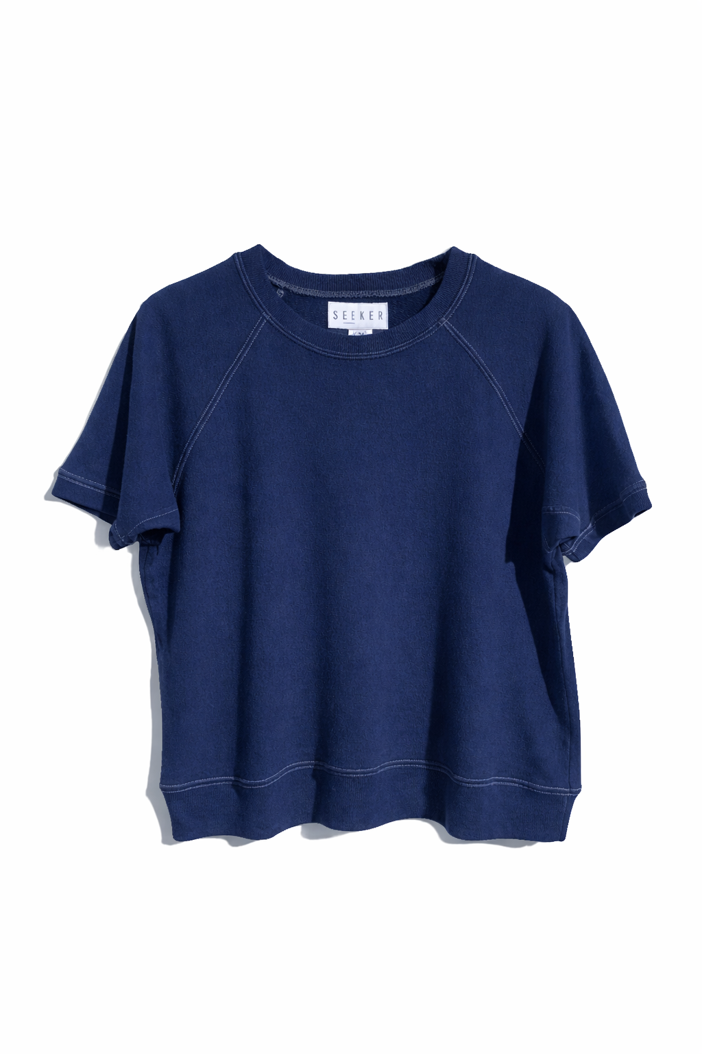 Front product view of the navy blue short-sleeve raglan shirt.