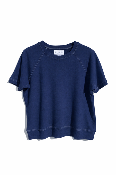 Front product view of the navy blue short-sleeve raglan shirt.