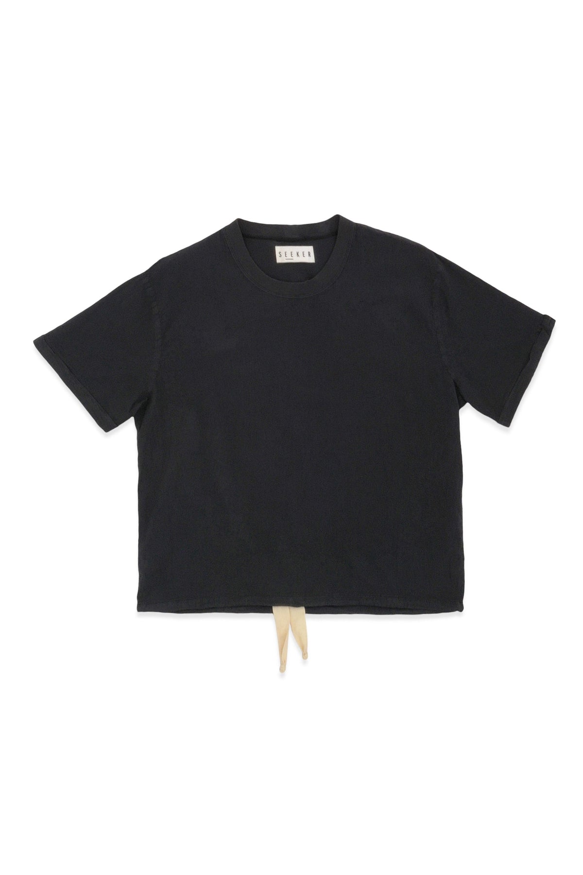 Front product view of the deep navy short-sleeve Cinch Shirt with an adjustable hem drawcord.