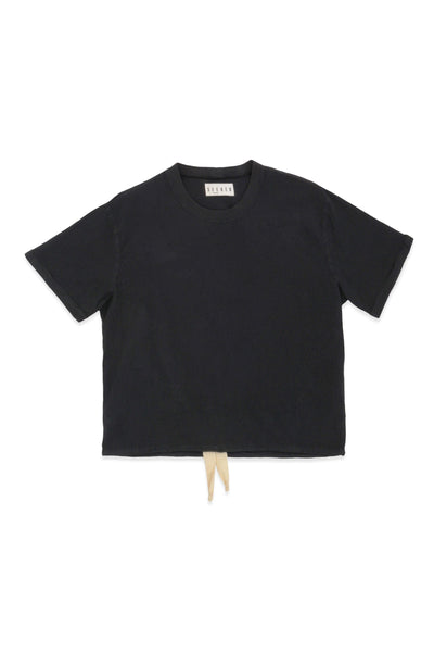 Front product view of the deep navy short-sleeve Cinch Shirt with an adjustable hem drawcord.