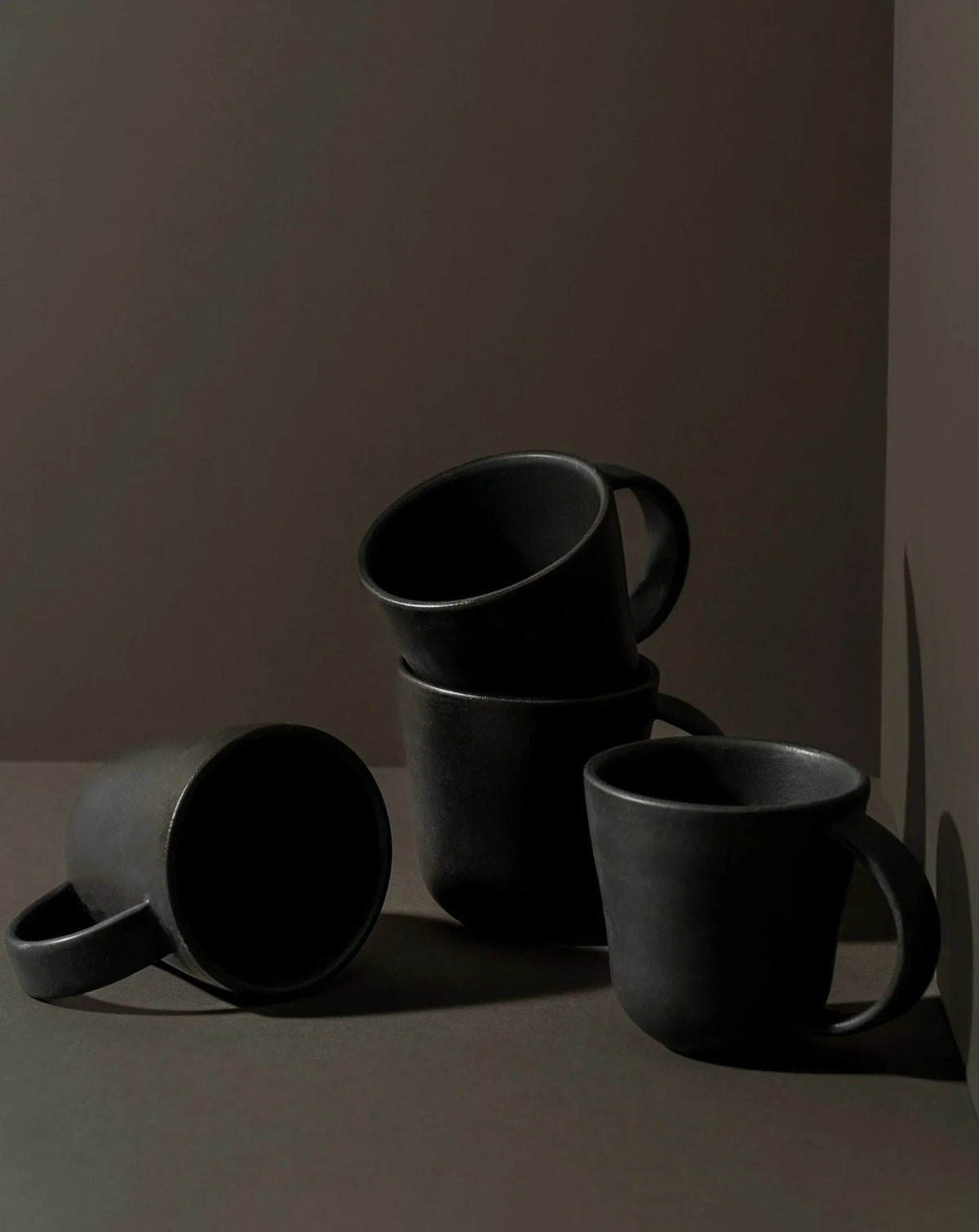 Gharyan Stoneware Japandi Tableware Mug, Matte Black, set of 4 styled together