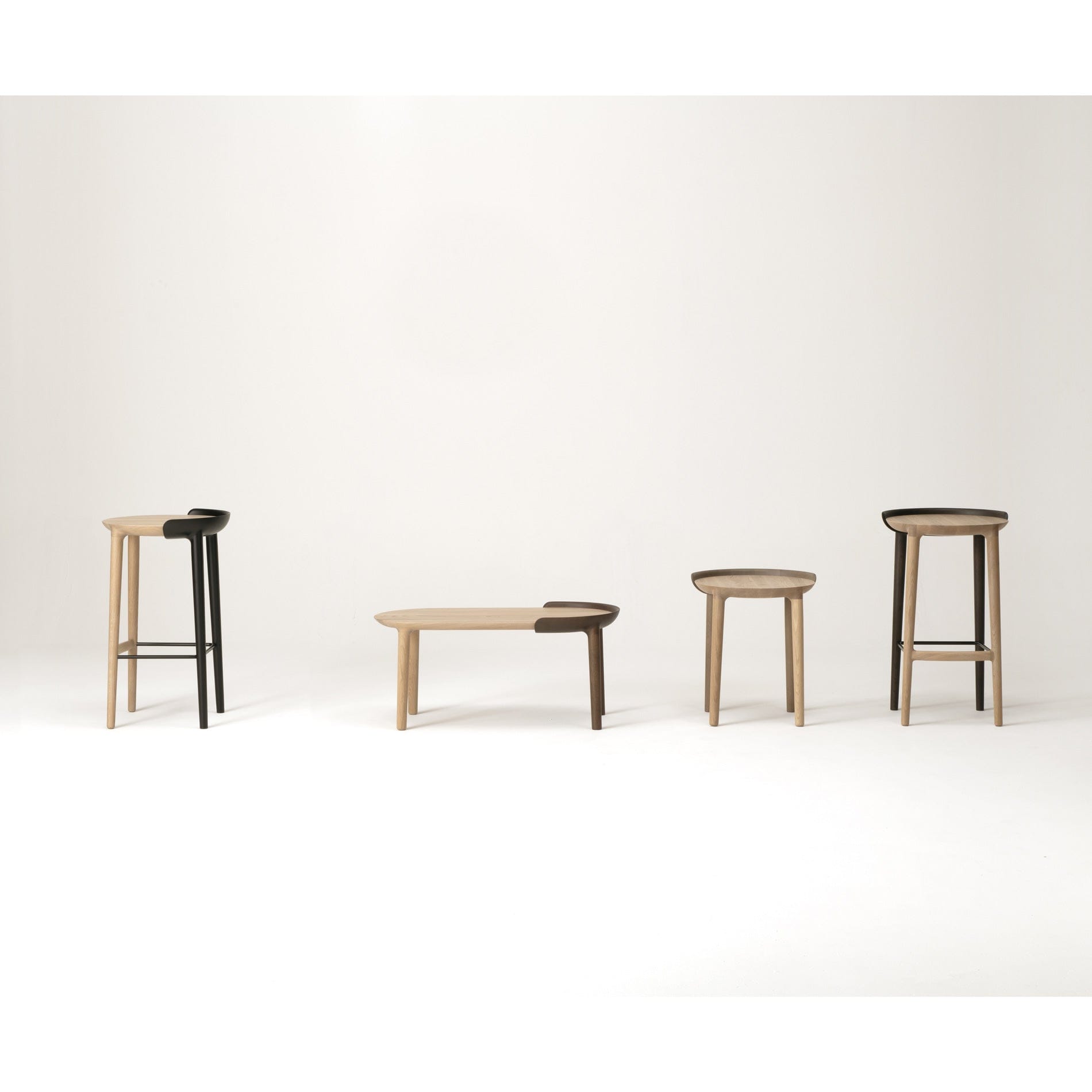 CRUST Bar Stool and matching CRUST stools displayed together in a minimalist studio — Japandi furniture collection by CondeHouse.