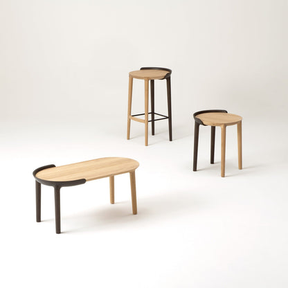 CRUST seating collection arranged in a Japandi-style interior — minimalist oak bar stools handcrafted in Japan.