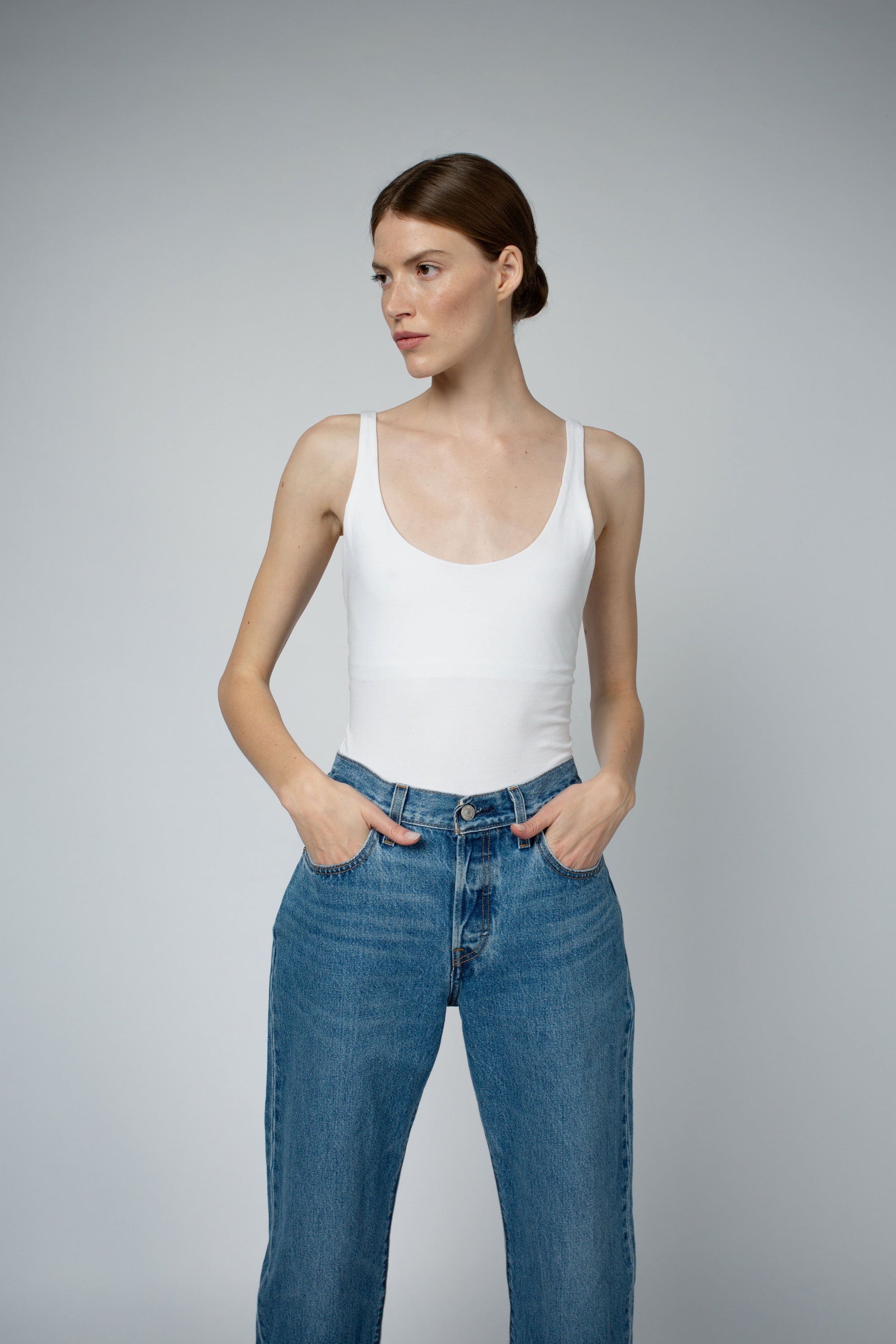 Ava Organic Cotton Bra Tank Top in white, front three-quarter view — Santicler Japandi fashion