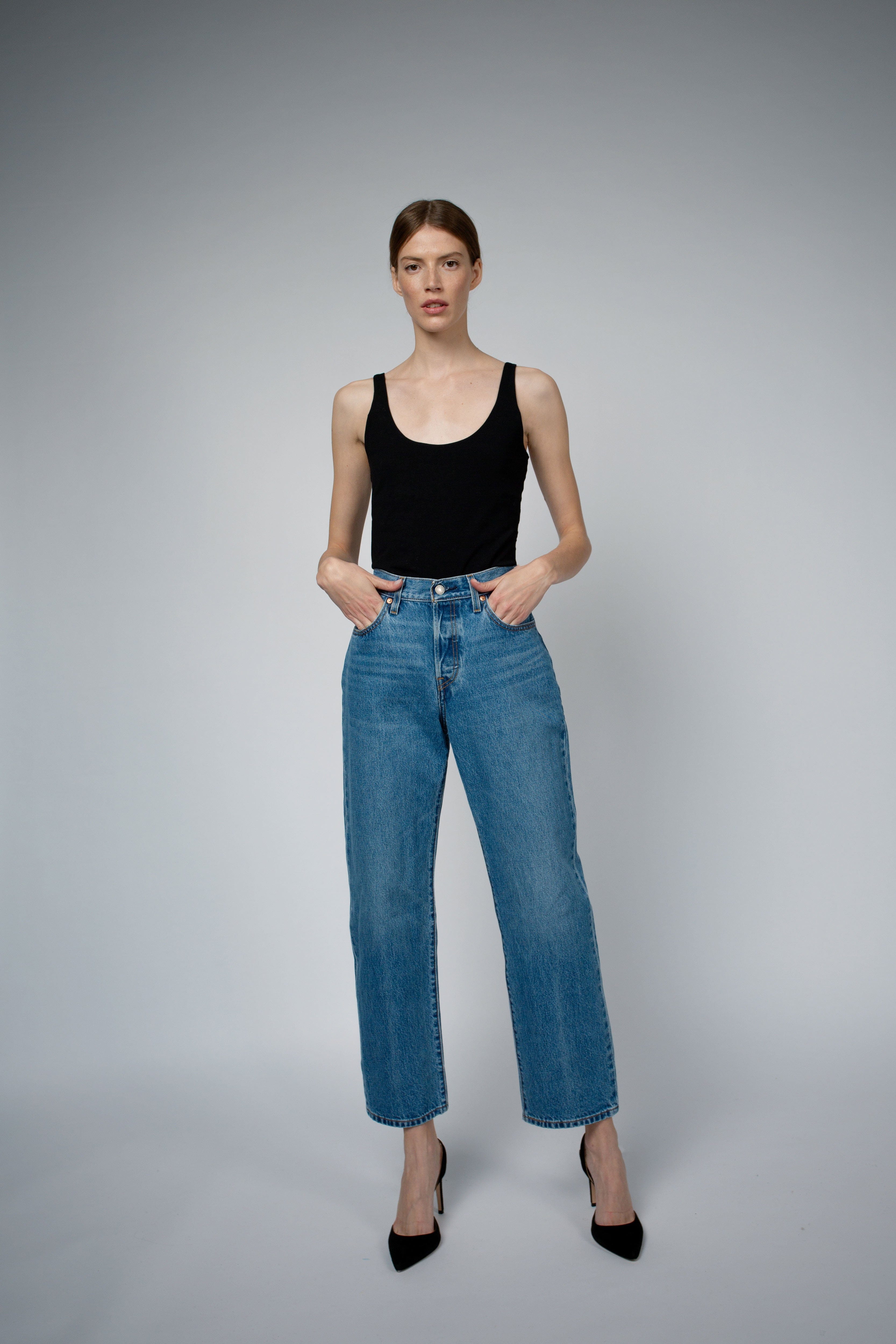Ava Organic Cotton Bra Tank Top in black, full-length front view — Santicler Japandi fashion