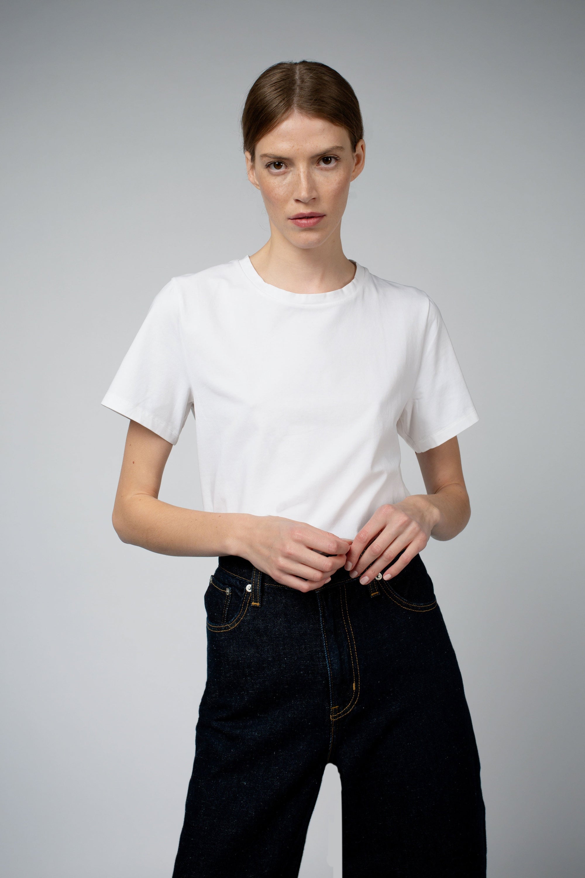 Adry Organic Cotton Crew Neck T-Shirt in white, back view — Santicler Japandi fashion