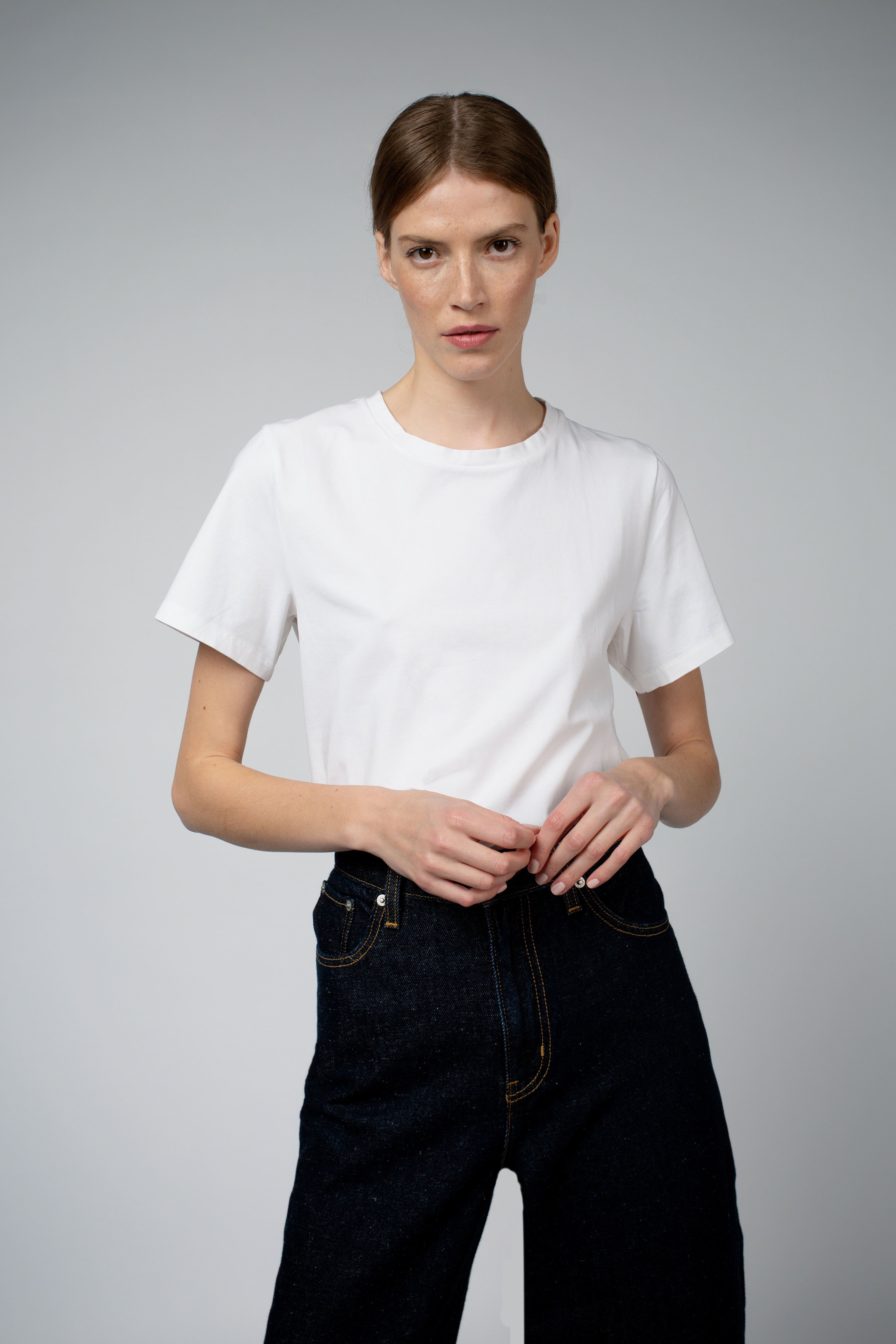 Adry Organic Cotton Crew Neck T-Shirt in white, back view — Santicler Japandi fashion