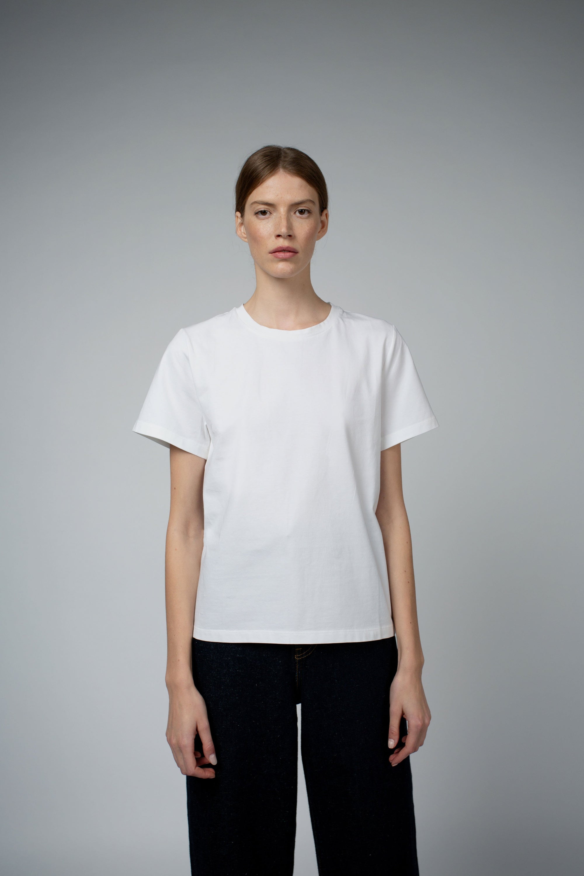 Adry Organic Cotton Crew Neck T-Shirt in white, full-length front view — Santicler Japandi fashion