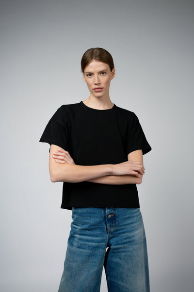Bevin Organic Cotton Boyfriend T-Shirt in black, back close view — Santicler Japandi fashion