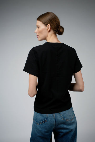 Magda Organic Cotton V-Neck T-Shirt in black, back view — Santicler Japandi fashion