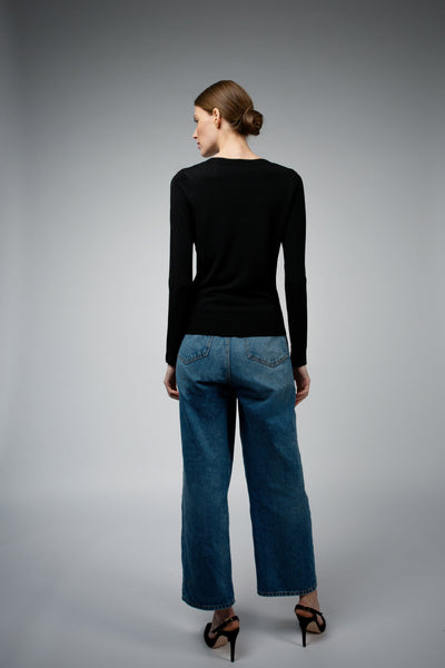 Livia Long-Sleeve V-Neck Sweater in black, full-length styled back view — Santicler Japandi fashion