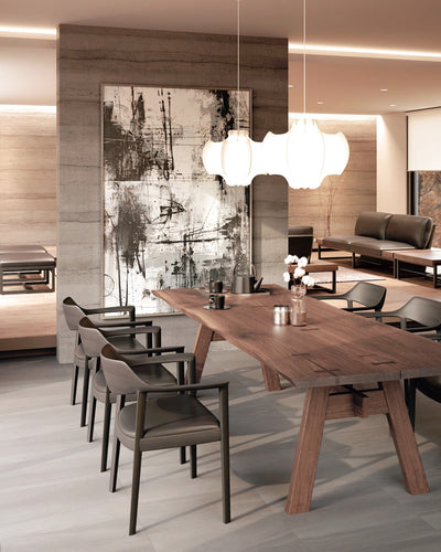 CondeHouse WING Armchairs styled around solid wood dining table in modern Japanese interior