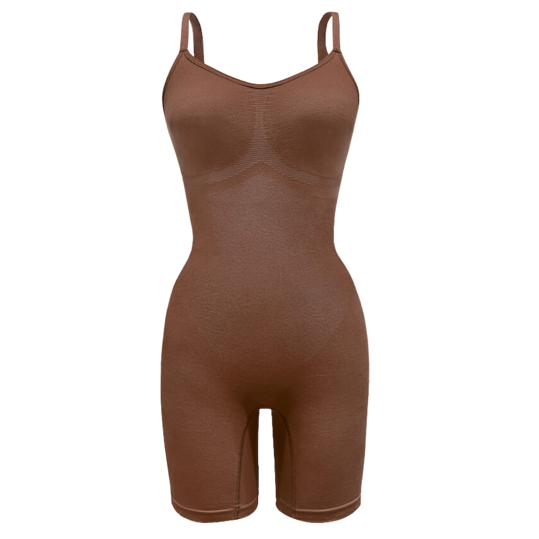 PROCLAIM Mid-Thigh Shapewear Bodysuit in Ella Nude, a deep brown-tone color, flat lay front view