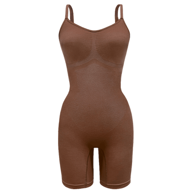 Seamless shapewear bodysuit in dark brown, deep nude tone with plant-based fabric and light compression