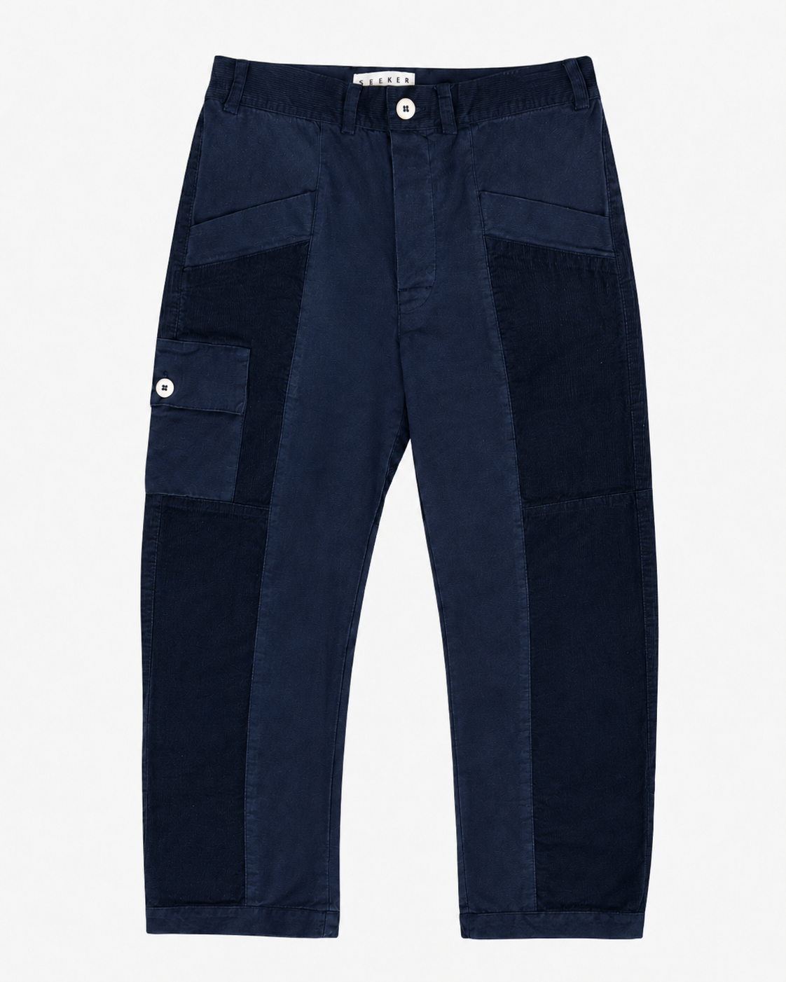 Front product view of navy Trek pants with dark tonal panels and a buttoned cargo pocket.