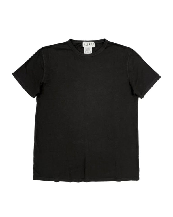 S E E K E R Hemp Tee in Black – relaxed-fit crew-neck t-shirt, front flat lay, Japandi apparel essential