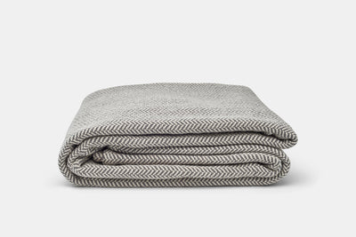 Folded gray and white striped blanket on a light gray background