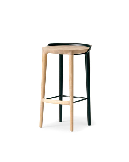 Front angle of the CRUST Bar Stool in natural oak and black detail — Japandi bar stool by CondeHouse, available at Japandi Supply House.