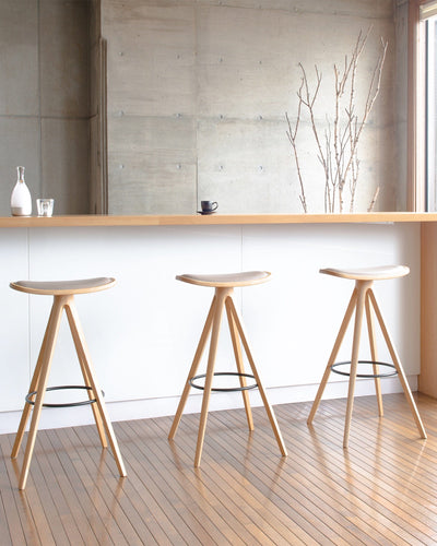 Front view of BCTD Bar Stool, natural finish, minimalist Scandinavian-Japandi design.