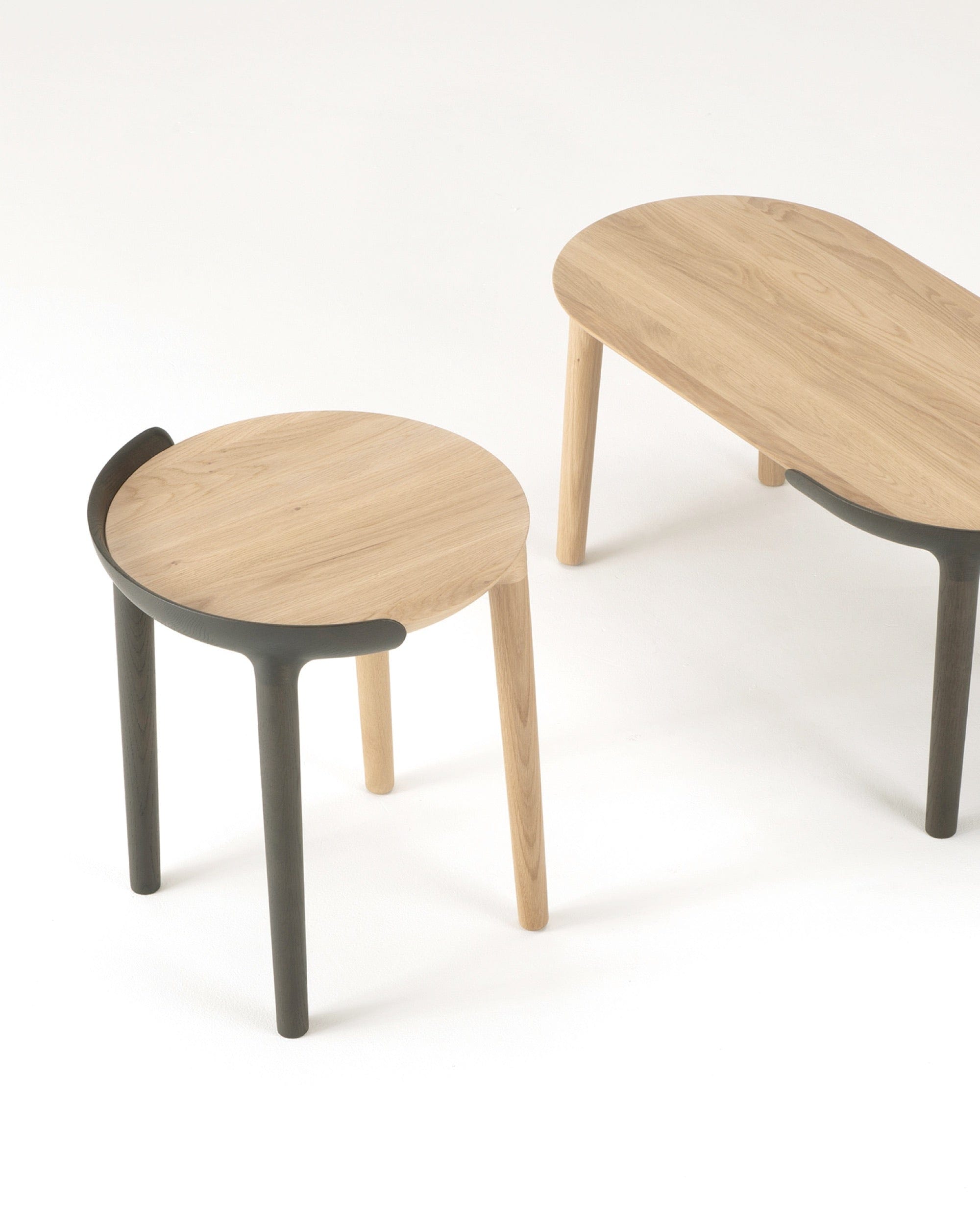 Front view of CRUST Stool showing curved solid oak seat — Japandi furniture by CondeHouse.
