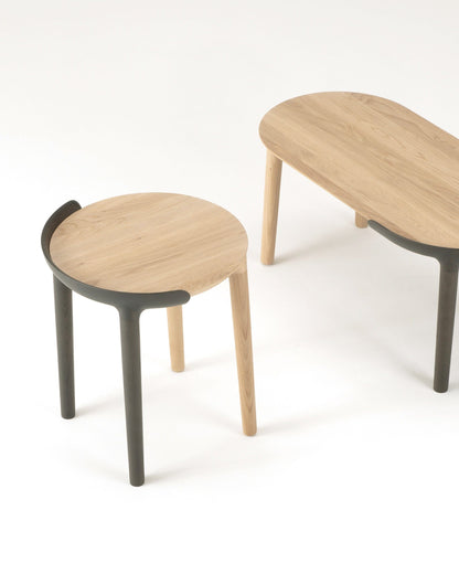 Front view of CRUST Stool showing curved solid oak seat — Japandi furniture by CondeHouse.