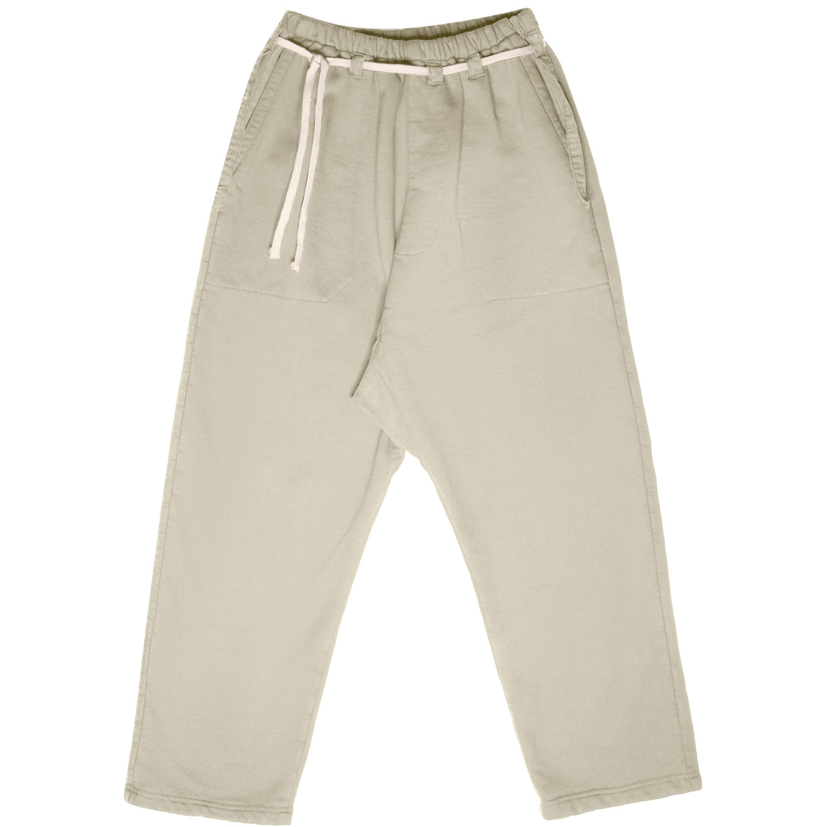 Front product view of light cream Picasso pants with a white drawstring and wide cropped legs.