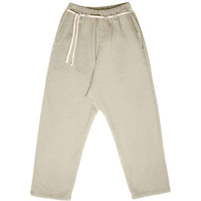 Front product view of light cream Picasso pants with a white drawstring and wide cropped legs.