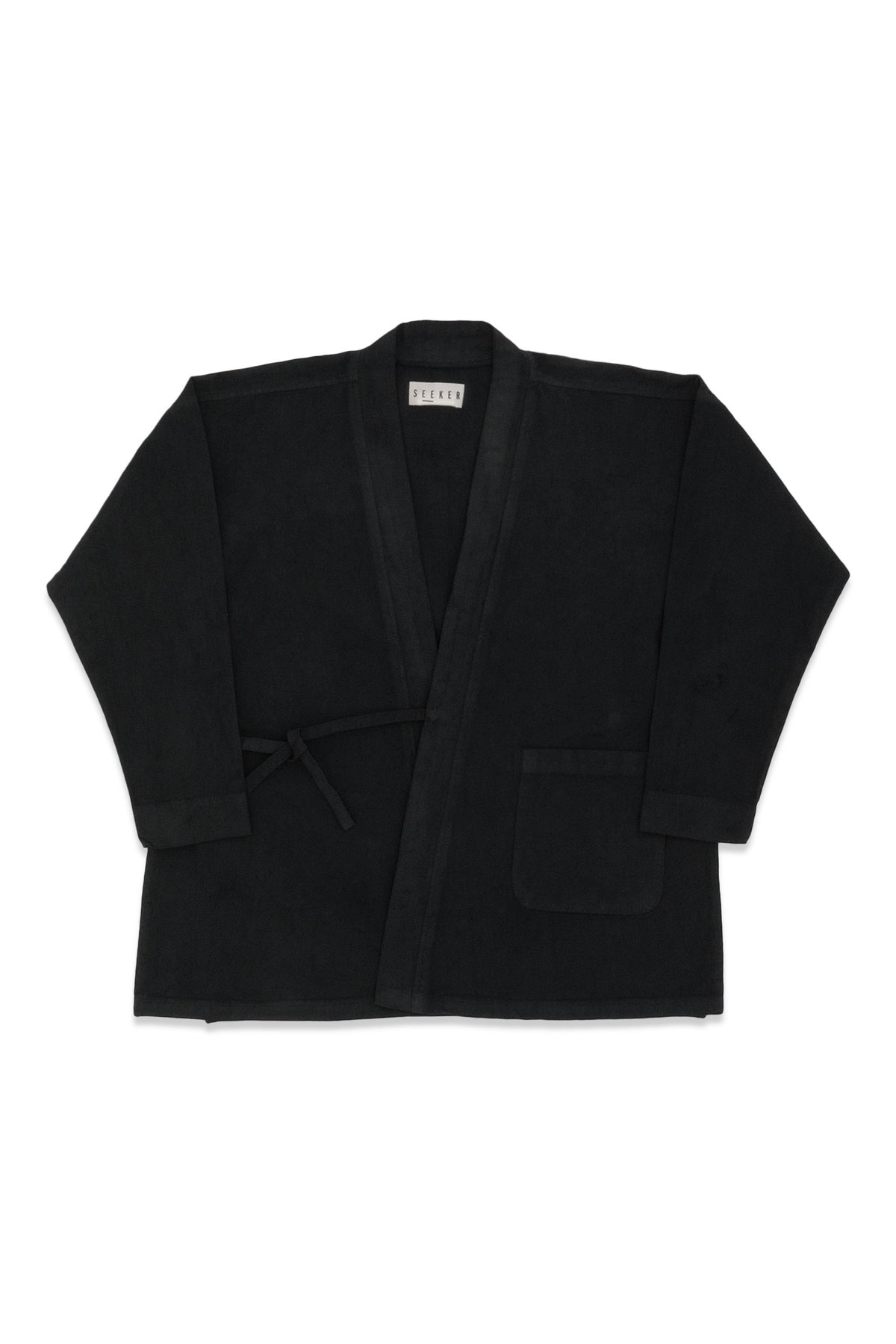 Front product view of the slate GI wrap jacket with waist ties and patch pockets.