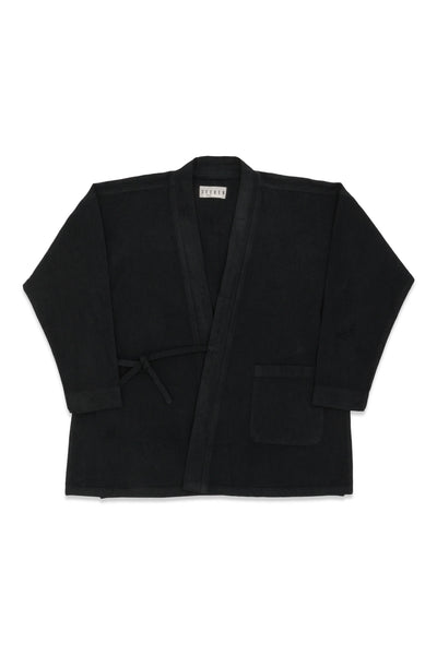 Front product view of the slate GI wrap jacket with waist ties and patch pockets.