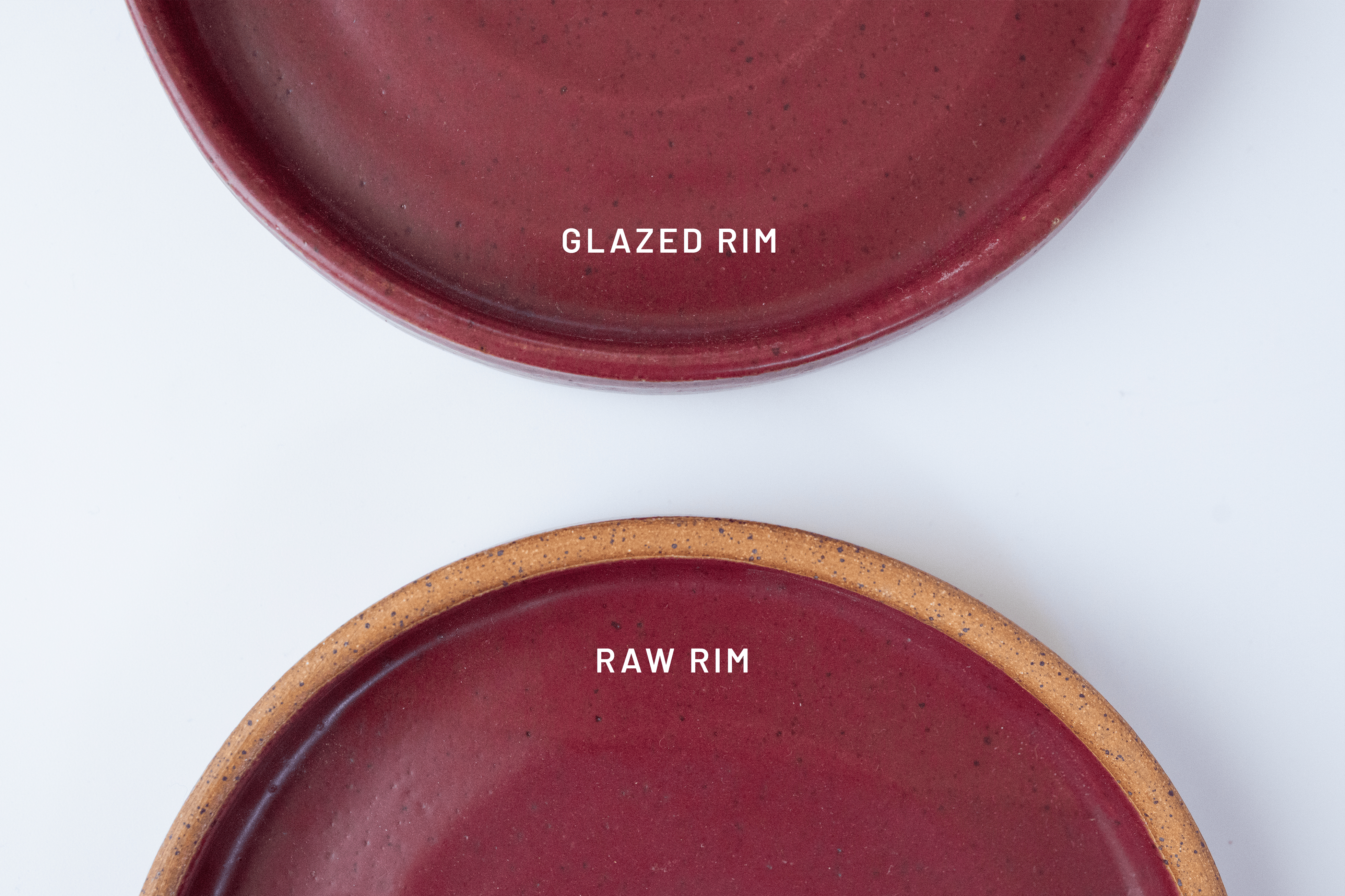 Glazed and raw rim detail on handmade ceramic dinner plate