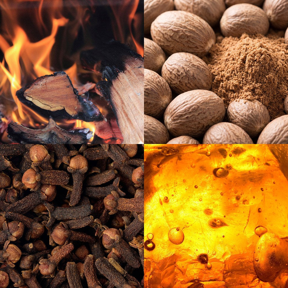 Fragrance collage featuring burning firewood, whole nutmeg with ground spice, dried cloves, and glowing golden amber resin.
