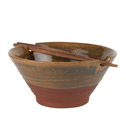 Handcrafted terracotta bowl + saj wood chopsticks – artisan set