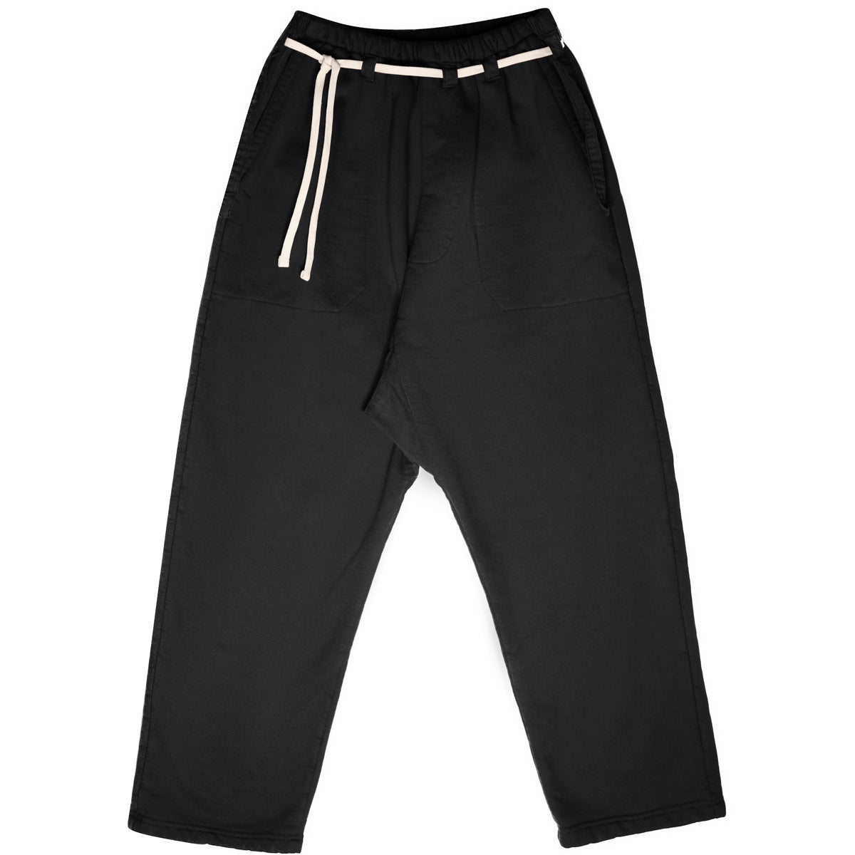 Front product view of black Picasso pants with a white drawstring and relaxed drop-crotch fit.