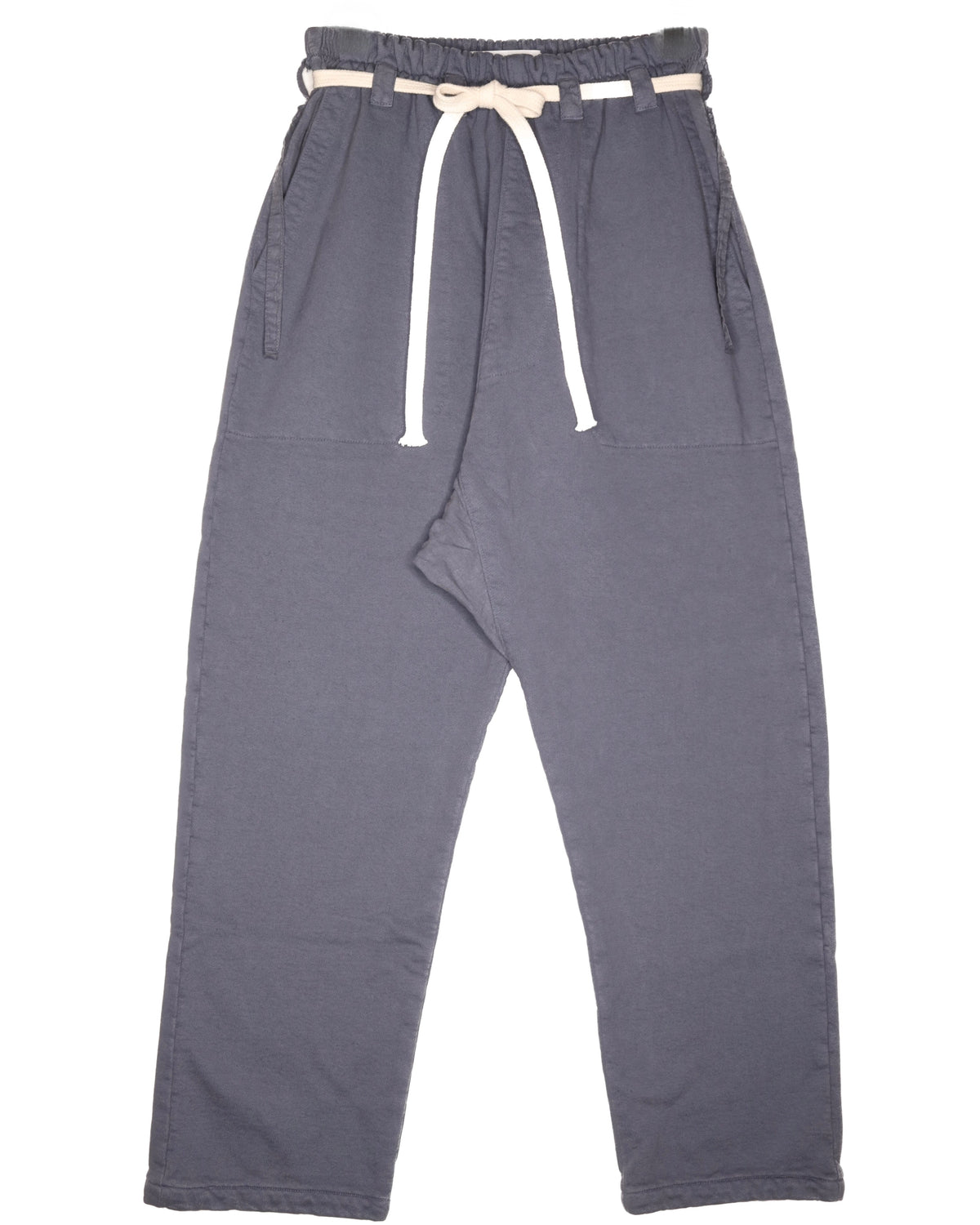 Front product view of slate-gray Picasso pants with a white drawstring.