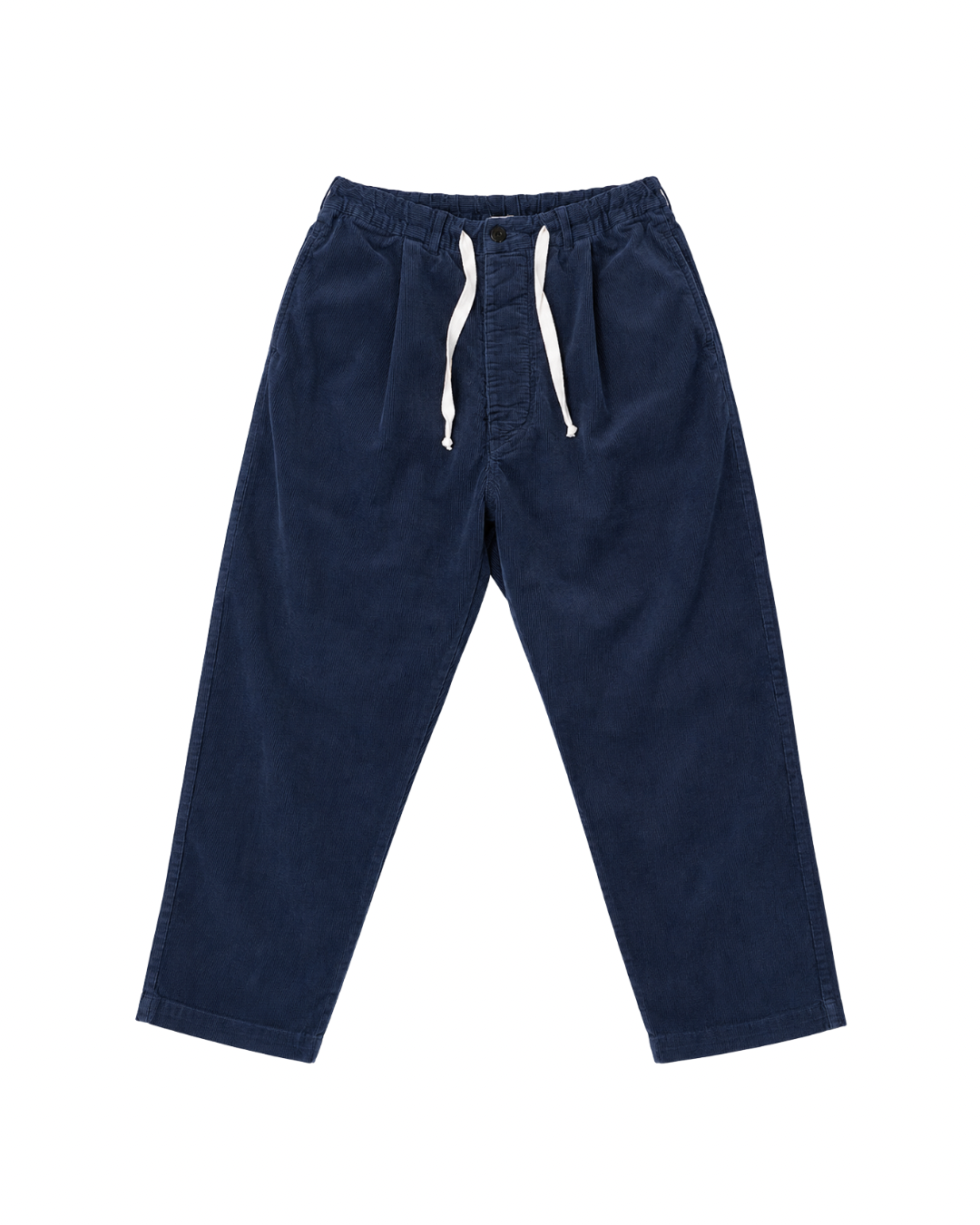 Front product view of navy corduroy Paddington pants with a white drawstring.