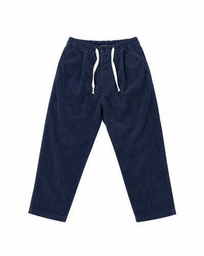 Front product view of navy corduroy Paddington pants with a white drawstring.