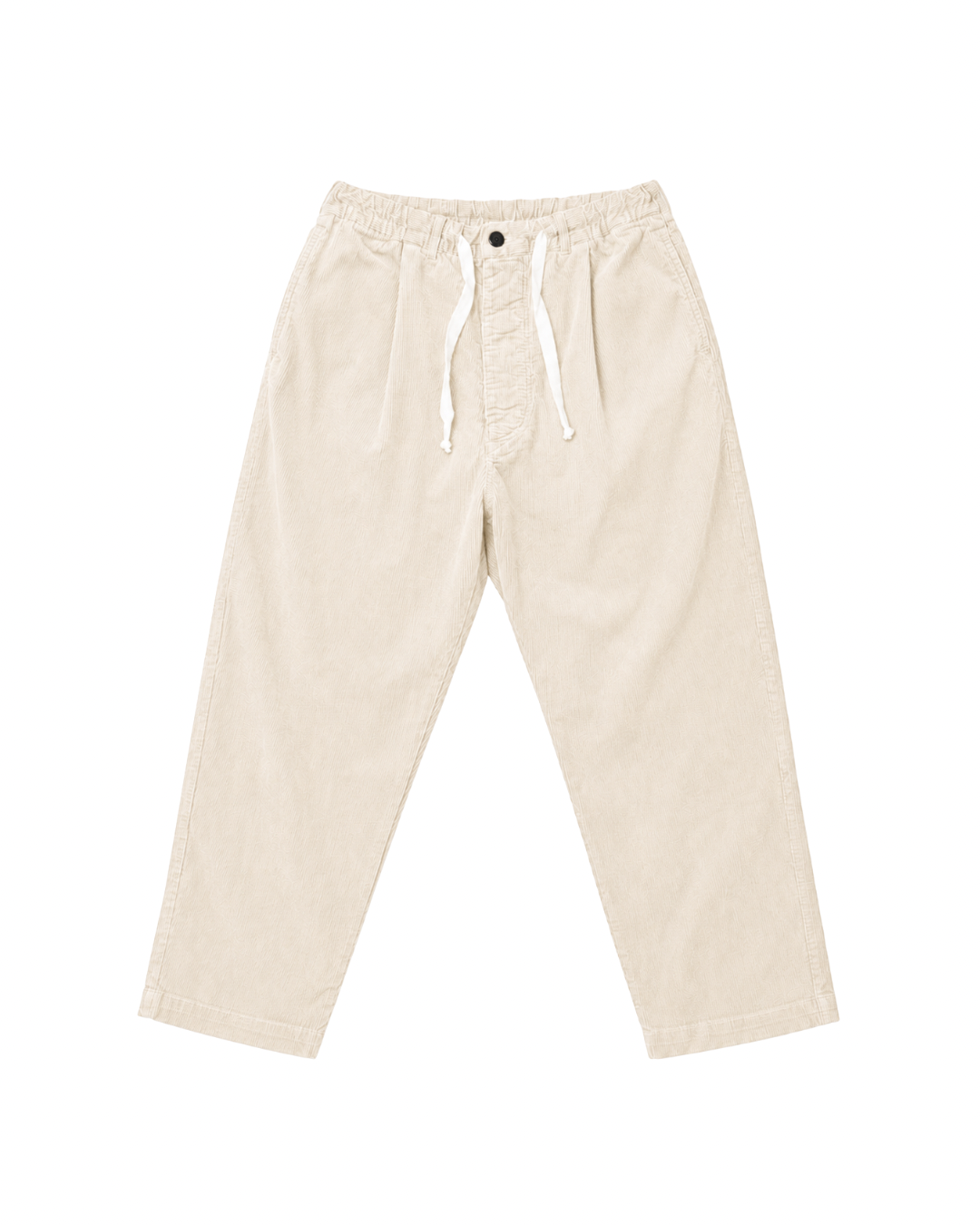 Front product view of cream corduroy Paddington pants with a white drawstring and tapered legs.