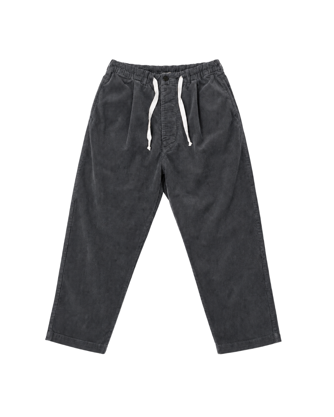 Front product view of charcoal-gray corduroy Paddington pants with a white drawstring.