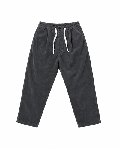 Front product view of charcoal-gray corduroy Paddington pants with a white drawstring.