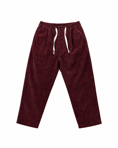 Front product view of burgundy corduroy Paddington pants with a white drawstring.