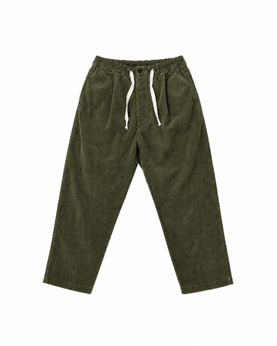 Front product view of olive-green corduroy Paddington pants with a white drawstring.